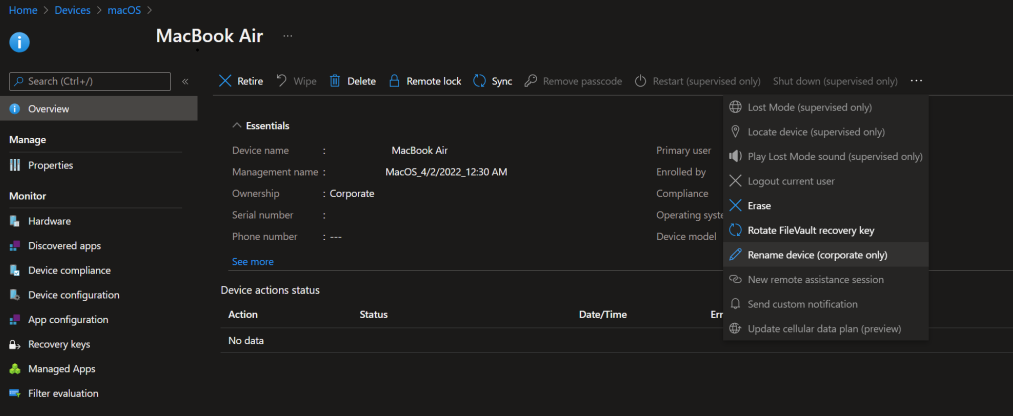Manually change device name in Intune portal